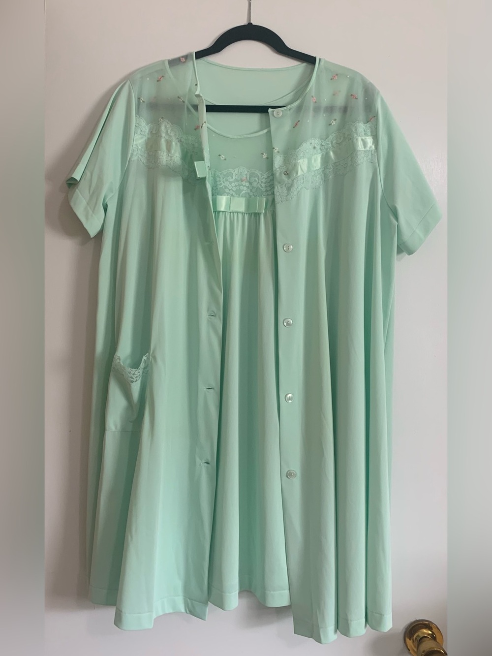 NWOT Vintage Shadowline Mint Green Nightgown Robe Peignoir Set Nylon Large